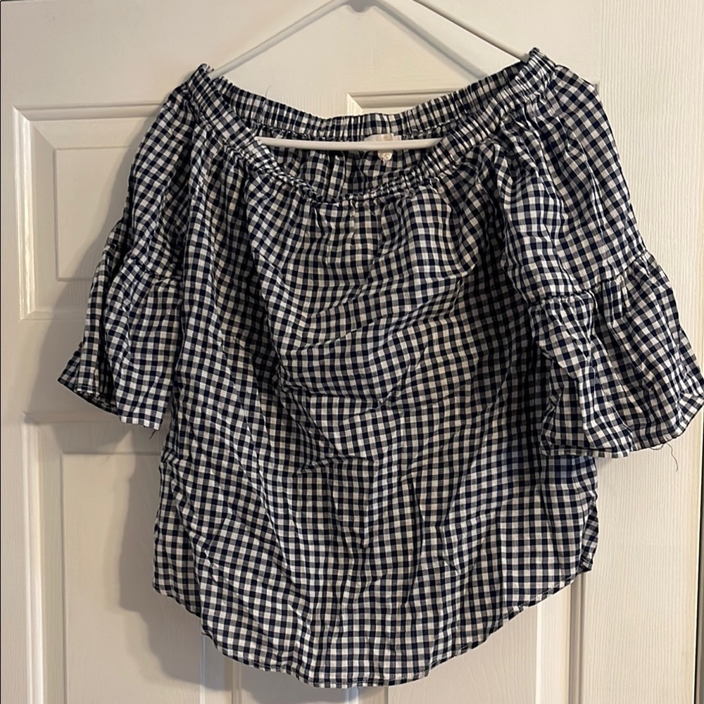 CAbi White and Blue Blouse with 3/4 Bell Sleeves and Smocked Ruffles